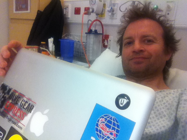 Gareth editing the post production update from his hospital bed